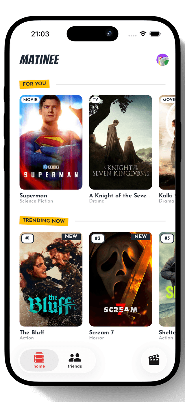 Matinee movie and TV show tracker home screen